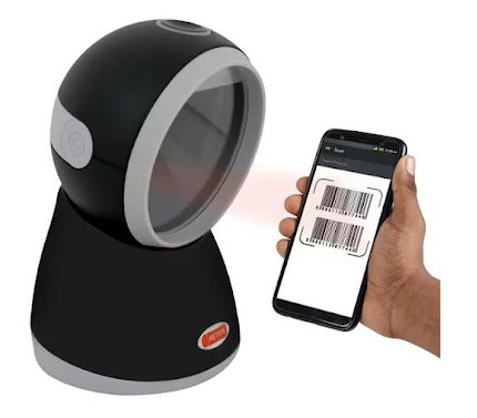 Handheld barcode scanner reading a product label at a shop counter